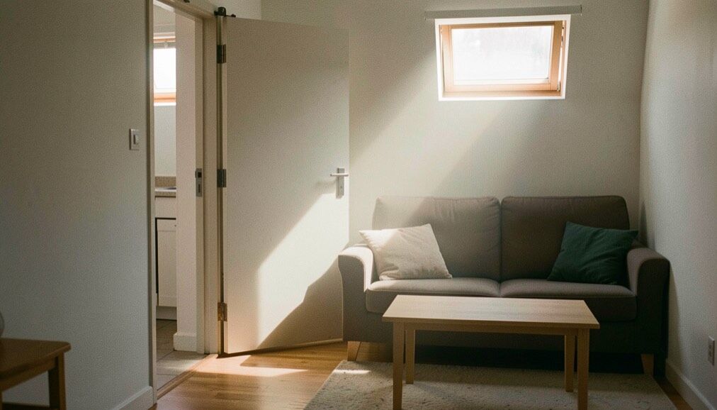 Séjour de petit logement traversant, porte à galandage ouverte glissée dans la cloison, rayon de lumière tombant d’une imposte vitrée sur un canapé et une table basse en bois clair