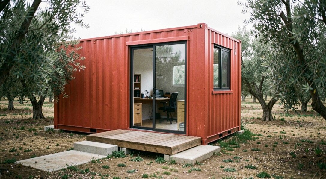 Conteneur maritime rouge aménagé en bureau de jardin au milieu d’une oliveraie, porte vitrée découpée dans la paroi longue, marche de béton et petite terrasse de bois devant