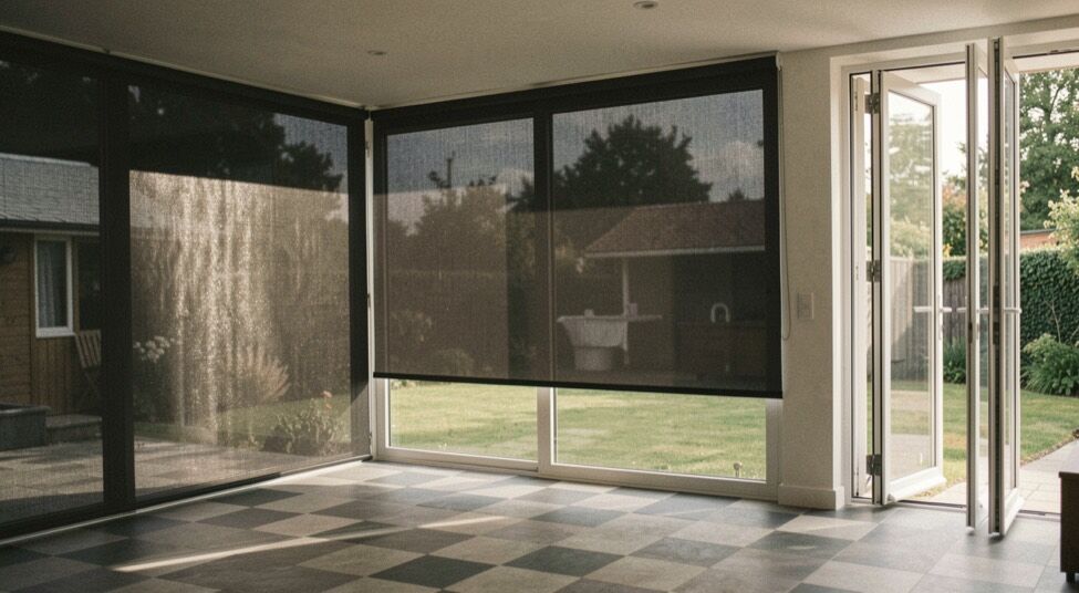 Grande baie vitrée protégée par un store screen à toile sombre à moitié baissé, lumière tamisée en damier sur le sol du séjour et ventelles orientables visibles en position ouverte à droite