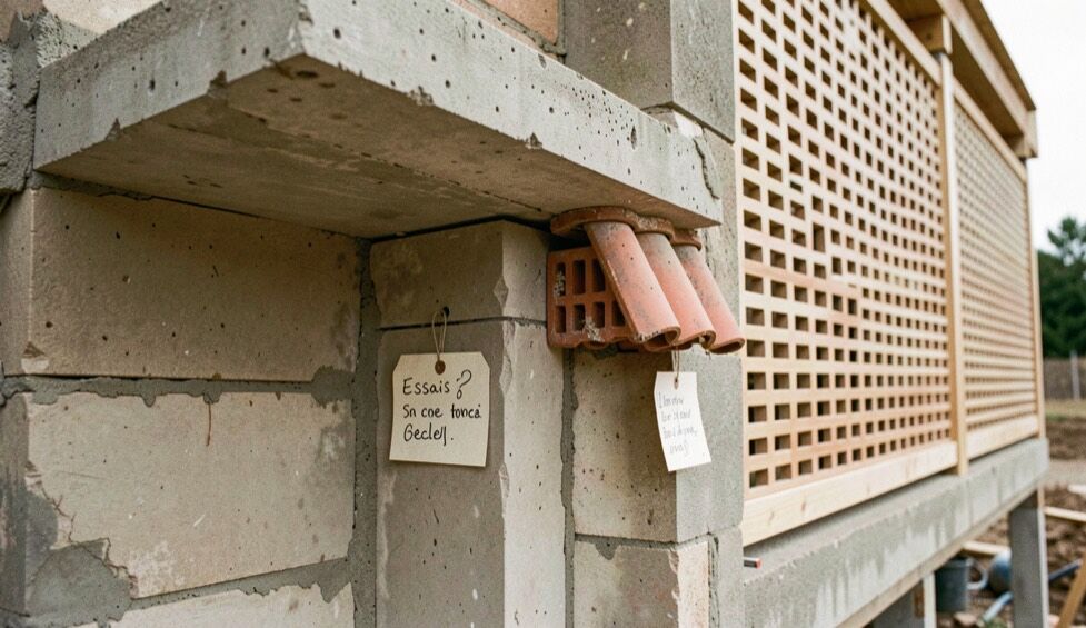 Mur d’essais en fin de chantier alignant un auvent de béton en porte-à-faux, un rang de tuiles canal en encorbellement et un panneau de lames ajourées, chaque dispositif étiqueté d’une étiquette manuscrite