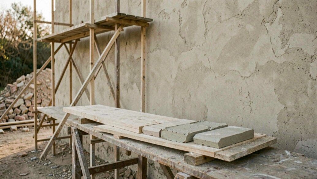 Un meuble ancien en bois posé sur des tréteaux dans une cour ombragée du Sud, un pinceau et un pot de peinture à la craie sur une toile de protection, lumière de fin d’après-midi en contre-jour, cadrage serré sur le chant du plateau.
