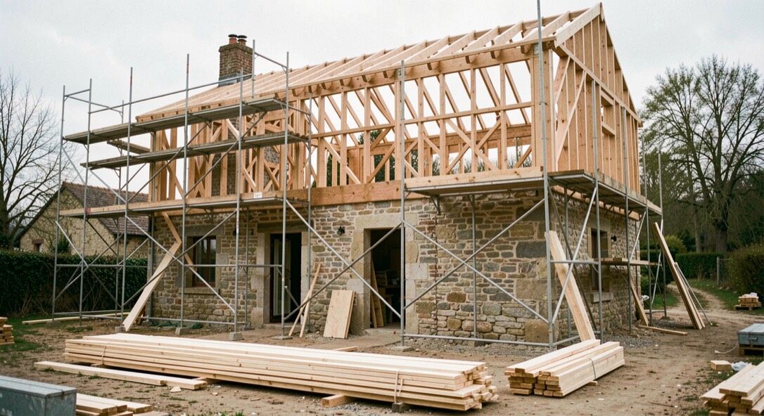 Pavillon de lotissement à toiture quatre pans et crépi clair, garage intégré en façade et véranda rapportée contre le pignon, pelouse et haie de thuyas devant