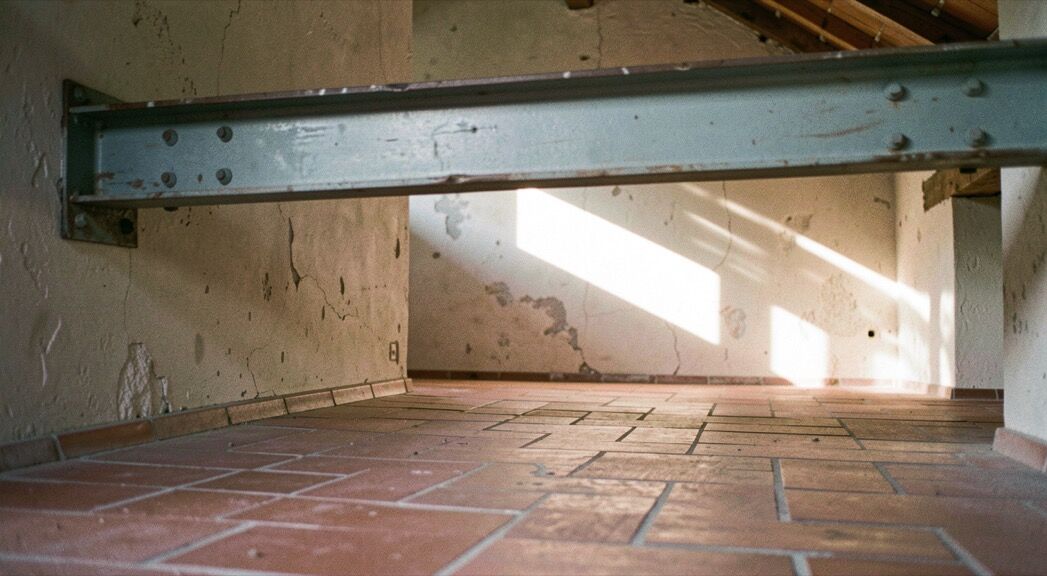 Rideau de lin cru ourlé à la main devant une fenêtre à petits carreaux, galon de raccord visible en bas et lumière tamisée traversant la toile sur un mur ocre